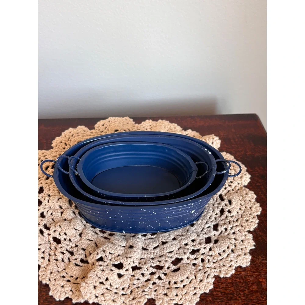 Vintage Miniature blue Enamelware nesting stackable wash laundry bins